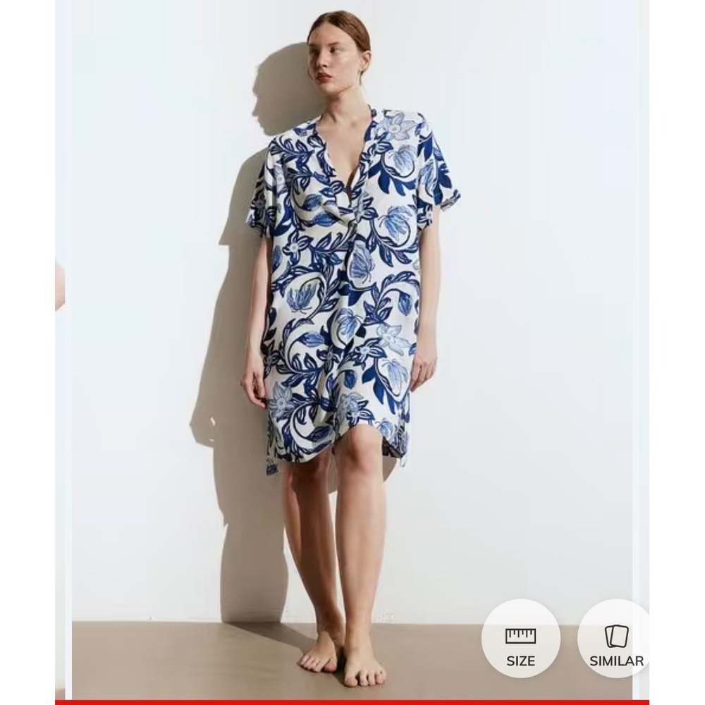H&M Blue White Floral Kaftan Dress Viscose Split Neck Short Sleeve Size M